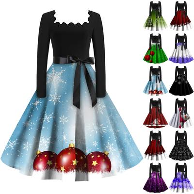 Moda feminina gola quadrada casual slim natal estampado vestidos de manga comprida