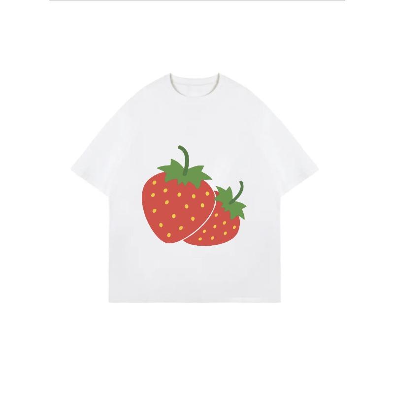Strawberry Print T Shirt White Casual Summer Top For Women Streetwear Fashion Trendy Graphic Tee With Fruit Design Perfect For Everyday Wear