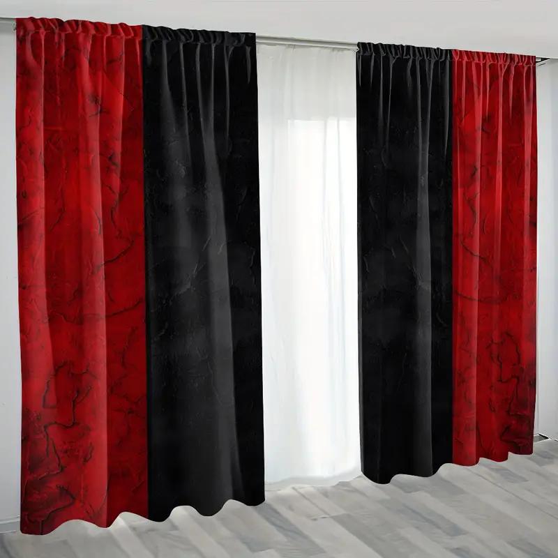 2pcs Bold Red & Black Marble Printed Curtains, Designed for Light Filtering, Quality Material, Ideal for Modern Home Window Dec