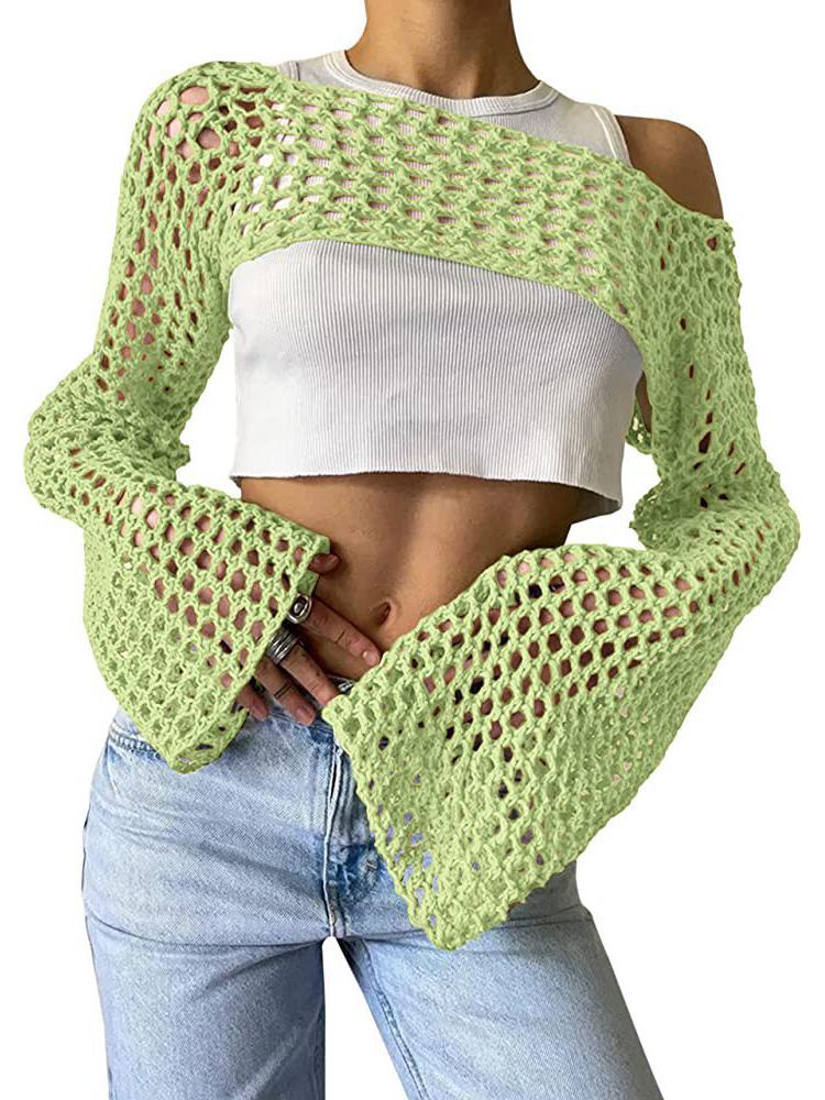 2025 Autumn Women's Ultra-Short Hand-Hooked Mesh Sweater with Trumpet Sleeves