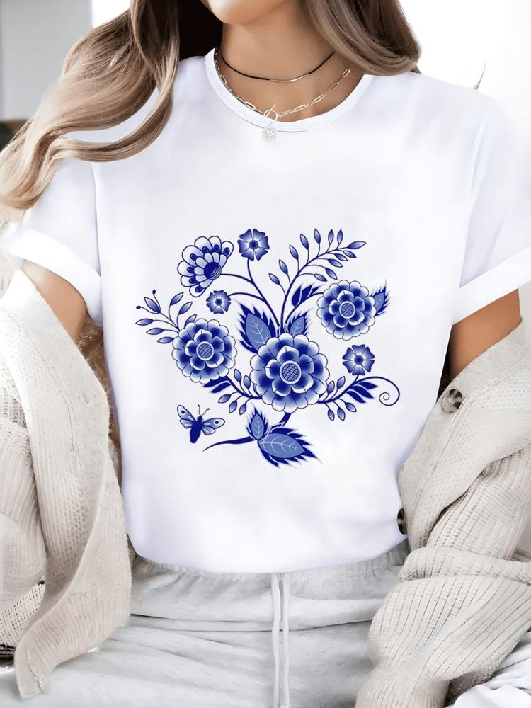 (Asian Size) watercolor flower trend Casual Women's Top T T-shirts Fashion O-neck Female Clothing Print Short Sleeve Graphic Tee