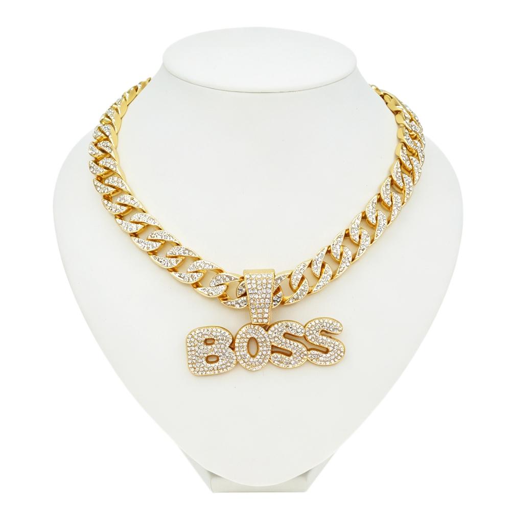 Zhuerrui Hop Bling BOSS Letter Pendant Necklace Full Iced Out CZ Diamond Cuban Link Chain for Men Rapper Jewelry Gift B2400310