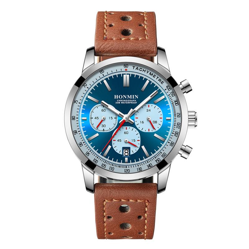 Multifunktions-Sportuhr Herren Luxus Chronograph Kalenderuhr Mann Leder Wasserdicht Leuchtende Armbanduhren