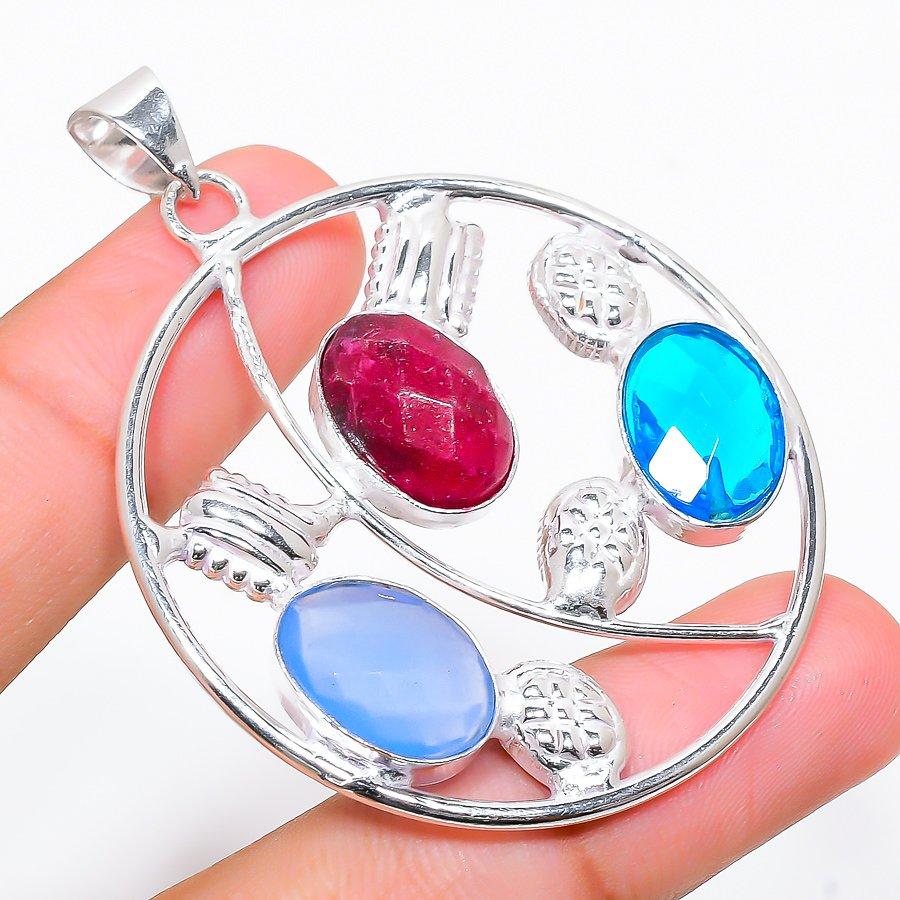 

Ruby(Simulated) Blue Topaz Handmade Jewelry Pendant 2.25 A3C26