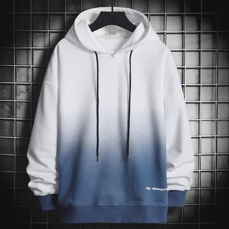 Men's Autumn Gradient Hooded Sweatshirt - Loose Fit, Japanese Style, Trendy Fleece Lined Top for Teens