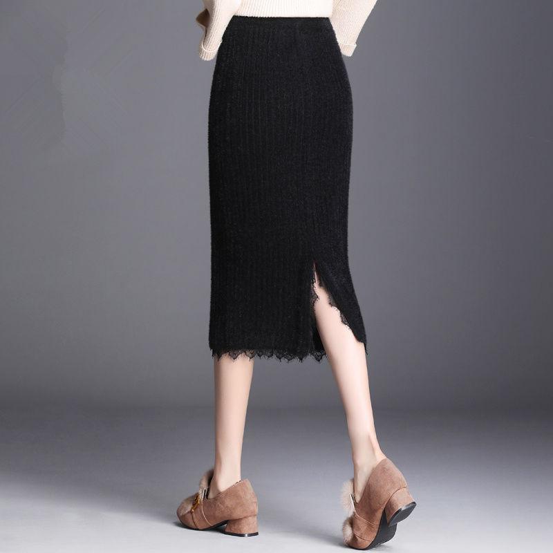 Toamnă iarnă Fusta tricotată Midi pentru femei Fusta pentru femeie cu talie înaltă îngroșă Imitație de nurcă din catifea din dantelă Fusta subțire într-un pas