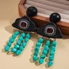 Wood inlaid with diamonds imitation pearl stone fringed silver needle earrings ethnic style exaggerated earrings