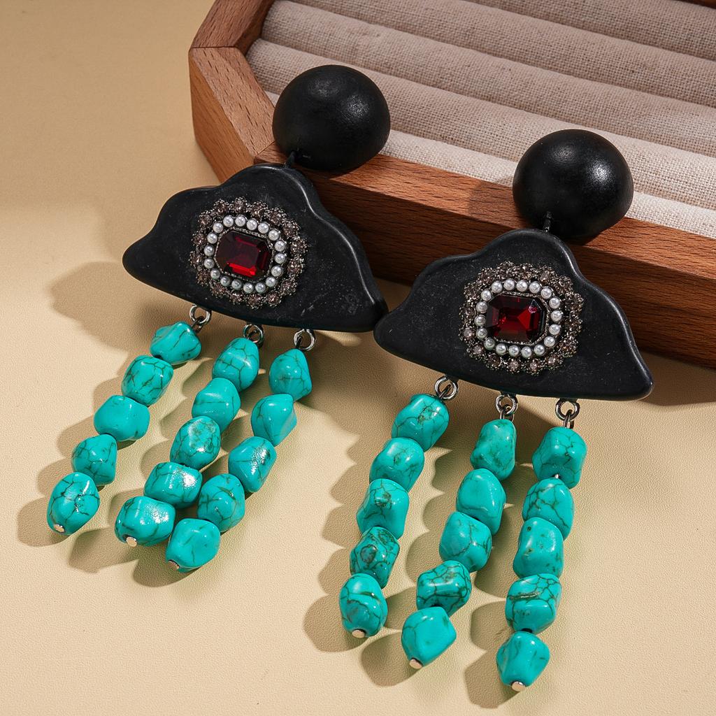 Wood inlaid with diamonds imitation pearl stone fringed silver needle earrings ethnic style exaggerated earrings