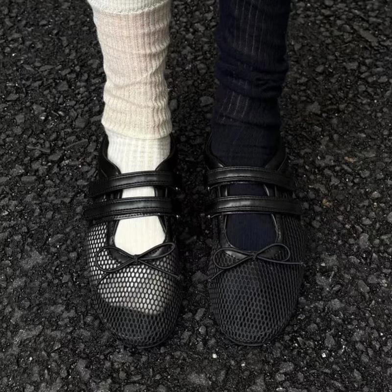 Cowhide Version~ Niche Mesh Breathable Flat Mary Jane Shoes Women's Velcro Casual Versatile Sports Shallow Mouth Single Shoes