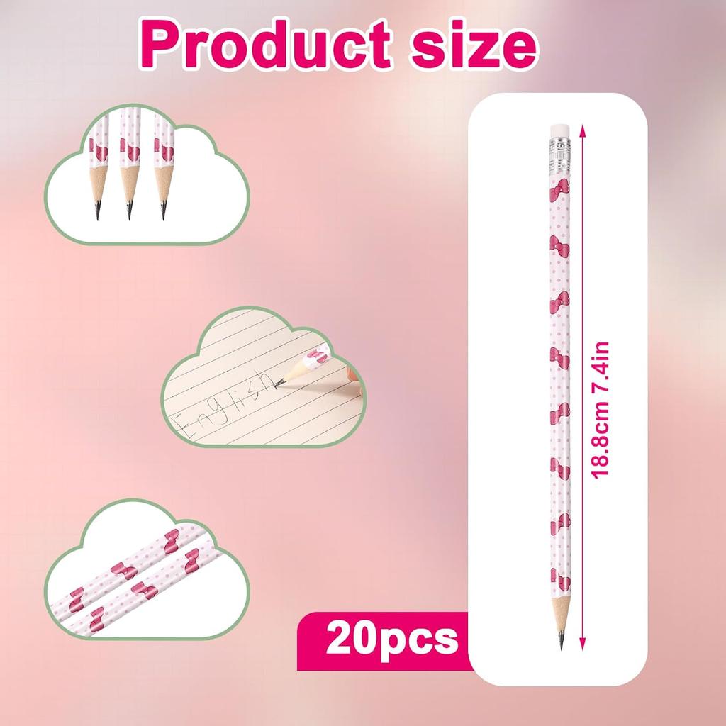SAVITA 20pcs Pink Bow Themed Pencils with Eraser, Cute Wooden Pencils for Kids Girls Women Teacher Birthday Party Favors School Classroom Stationery