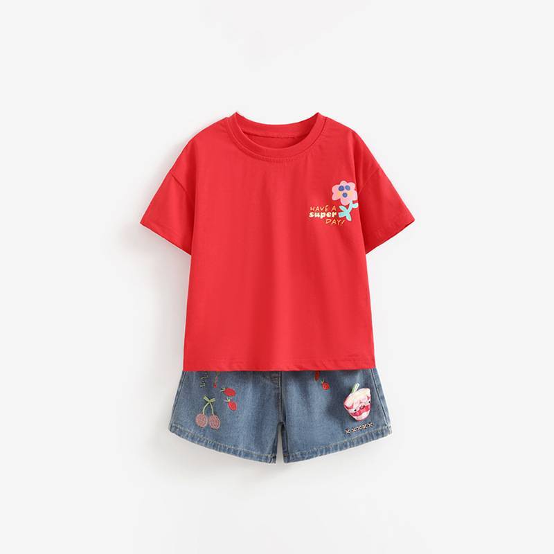 Childrens Summer T Shirt And Denim Shorts Set For Girls Cotton Casual Outfit For Kids