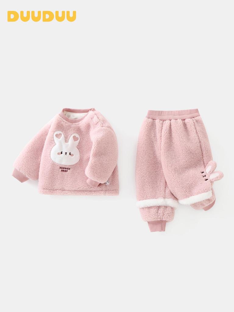 DUUDUU 2025 Toddler Fleece Hoodie Set - Korean Style Girls' Two-Piece Outfit