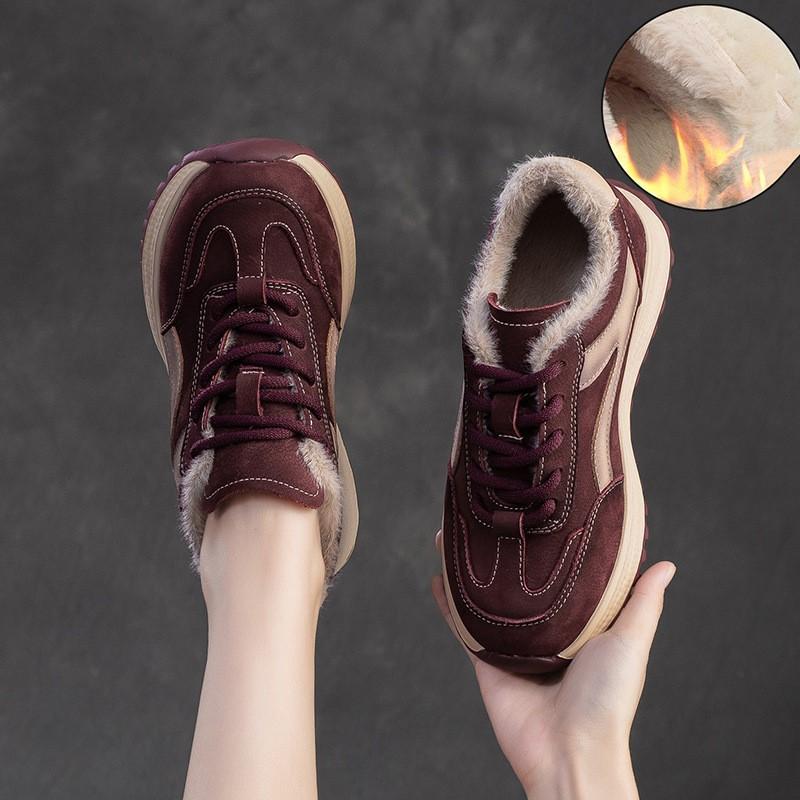 Johnature Genuine Leather Sneakers Plush Warm Cotton Shoes Retro Versatile Casual Women's Shoes