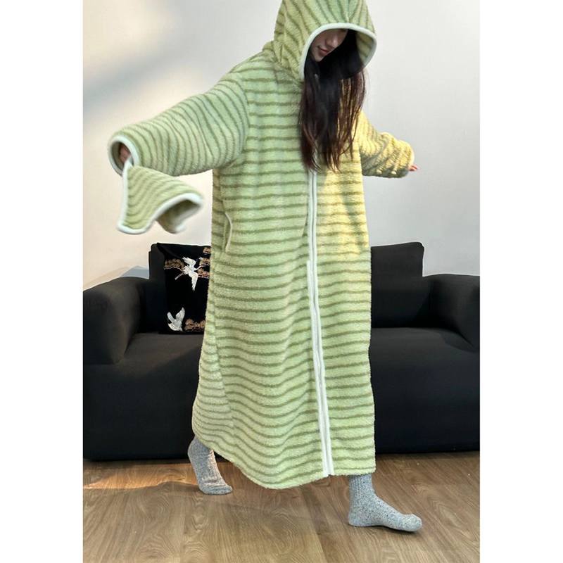 Women's Striped Fleece Hooded Robe, Thickened Warm Flannel Coral Velvet Loungewear Pajama Sets