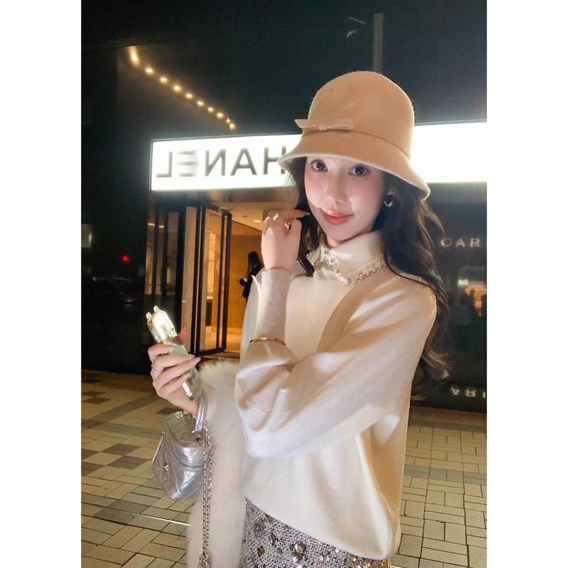 Women s Elegant Rabbit Webbing Lapel Knitted Pullover Sweater