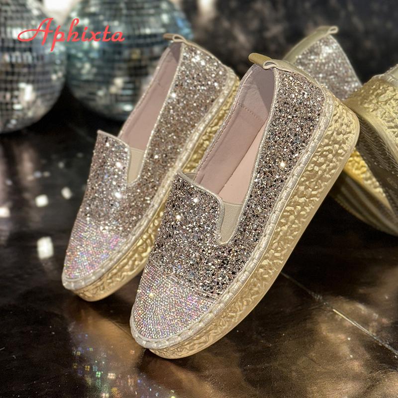 Fashion Aphixta 2025 New Bling Sequined Woman Shoes Flat With Slip On Silver Loafers Spring Woman Fashion Shoes Big Size 43