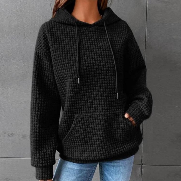 Plaid Pullover Jacket Women Long Sleeve Solid Color Hoodie with Pocket Round Neck
