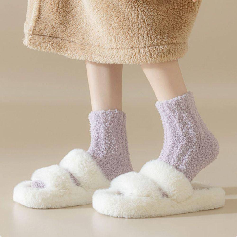 4Pairs Cute Thickened Coral Fleece Socks Sleeping Winter Floor Plush Socks Simple Hosiery Mid Tube Socks Women For Female Men