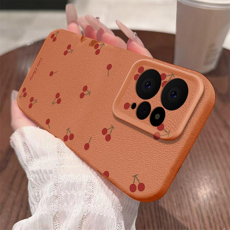 Little Cherry Print TPU Matte Leather Texture Slim Case For Xiaomi 13T Pro Poco X6 Redmi Note 14 Pro 13 12 11 Soft Shockproof Protection Phone Cover