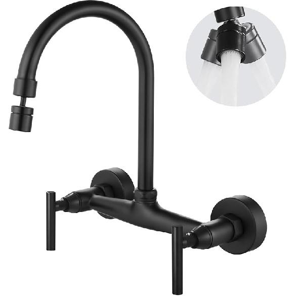 Airuida Wall Mount Kitchen Sink Faucet Wall Mounted Kitchen Faucets 8 Inch Center Double Handles 360 Degree Swivel Spout Restaurant Utility Laundry