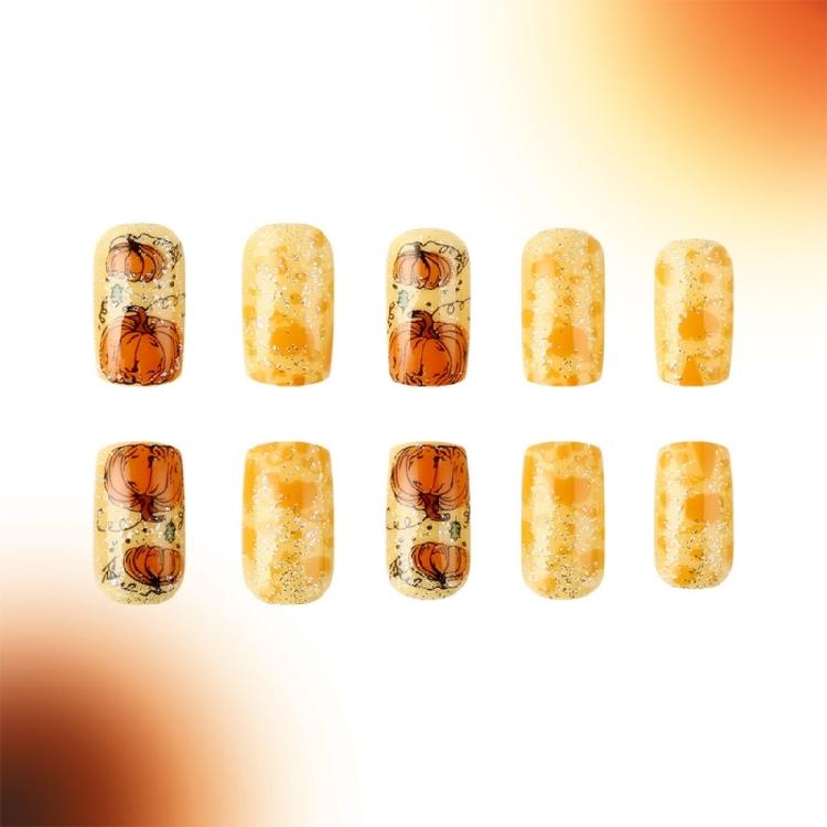 24 Pcs Pumpkins False Nails Short Square Full Cover Stick on Nails Thanksgiving Nails Press On Nails Manicures Supplies