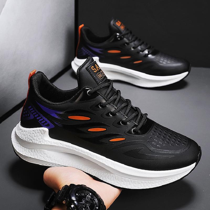 Men's Versatile Casual Leather Surface Waterproof Youth Running Anti Slip Shock-absorbing Sports Height Increasing White Dad Shoes