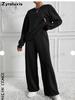 Trendy New Solid Color Crew Neck Long Sleeve Pants Set Women's Outfit Chic Two-Piece