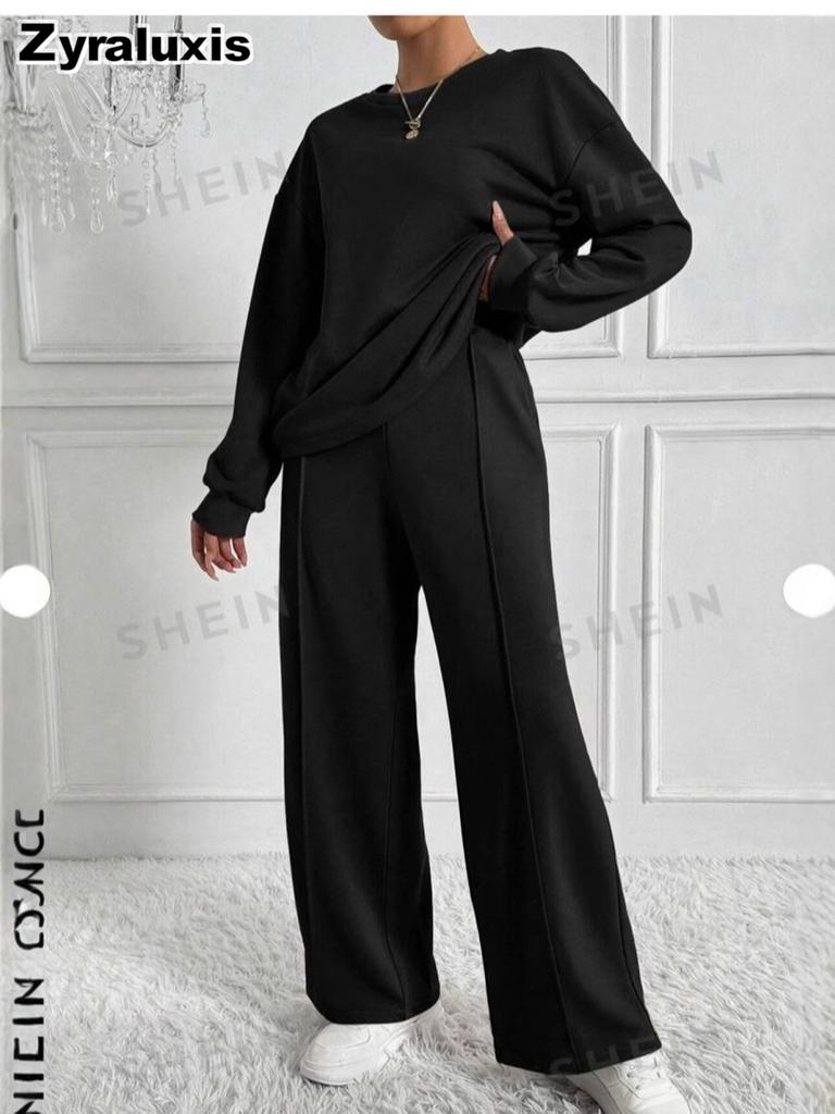 Trendy New Solid Color Crew Neck Long Sleeve Pants Set Women's Outfit Chic Two-Piece