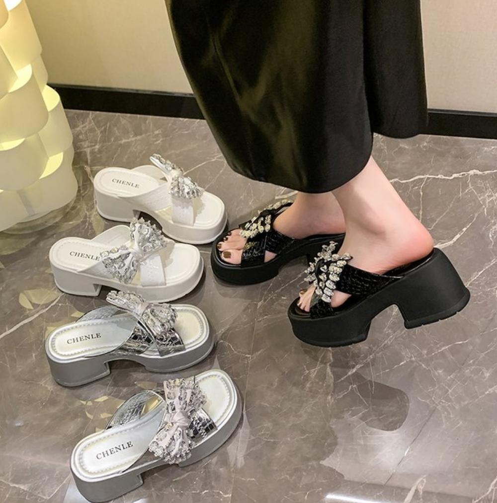 Crystal Bow Women Slippers Luxury Platform Flip Flops Shoes 2025 Summer Dress Fashion Slingback Sandals Trend Slides Femme
