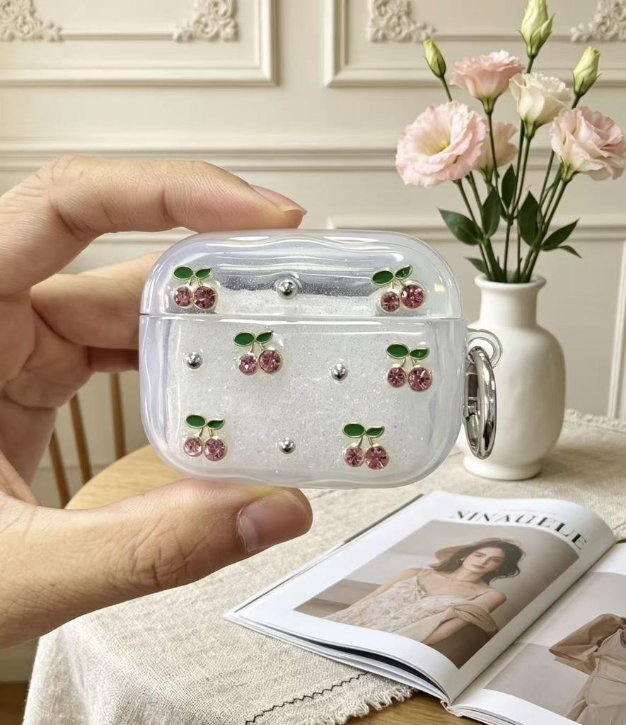 Gel glitter cherry ear case compatible with Apple AirPods Pro 1 protective case and Silver Butterfly AirPods 1