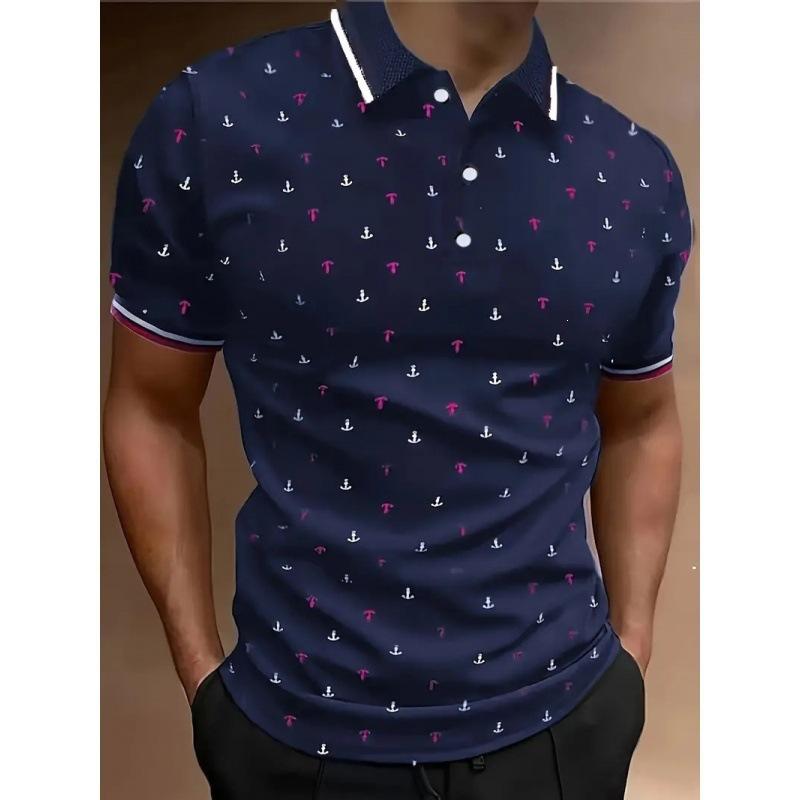 Trendy Short Sleeve Polo Shirt with Sailing Ship Print, Casual Zip Collar Style