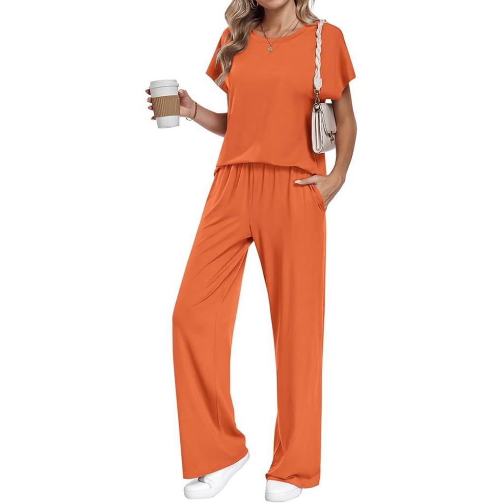 Women Short Sleeve Top Long Pants Loungewear Set Casual Loose Fit Two Piece Outfit Soft Fabric Comfortable Design