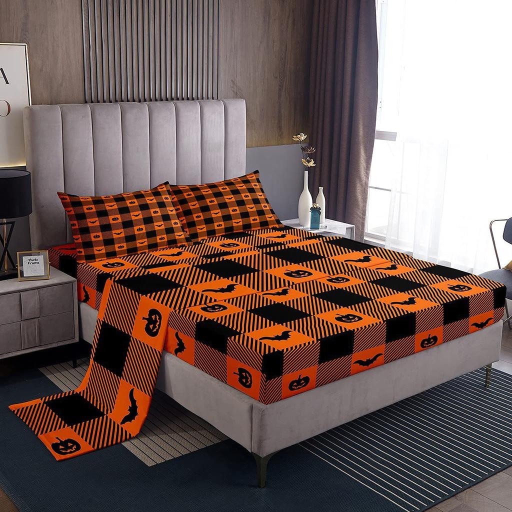 Halloween-Themed Pumpkin Pattern Bed Hat Four-Piece Bedding Set Bedroom Dormitory Bedding Decoration