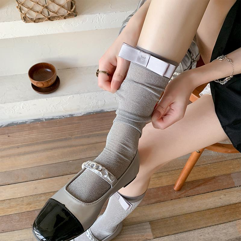

Spring and Summer Thin Silver-threaded Bow Ballet-style Girls Knee-high Socks 1 pair бежевий