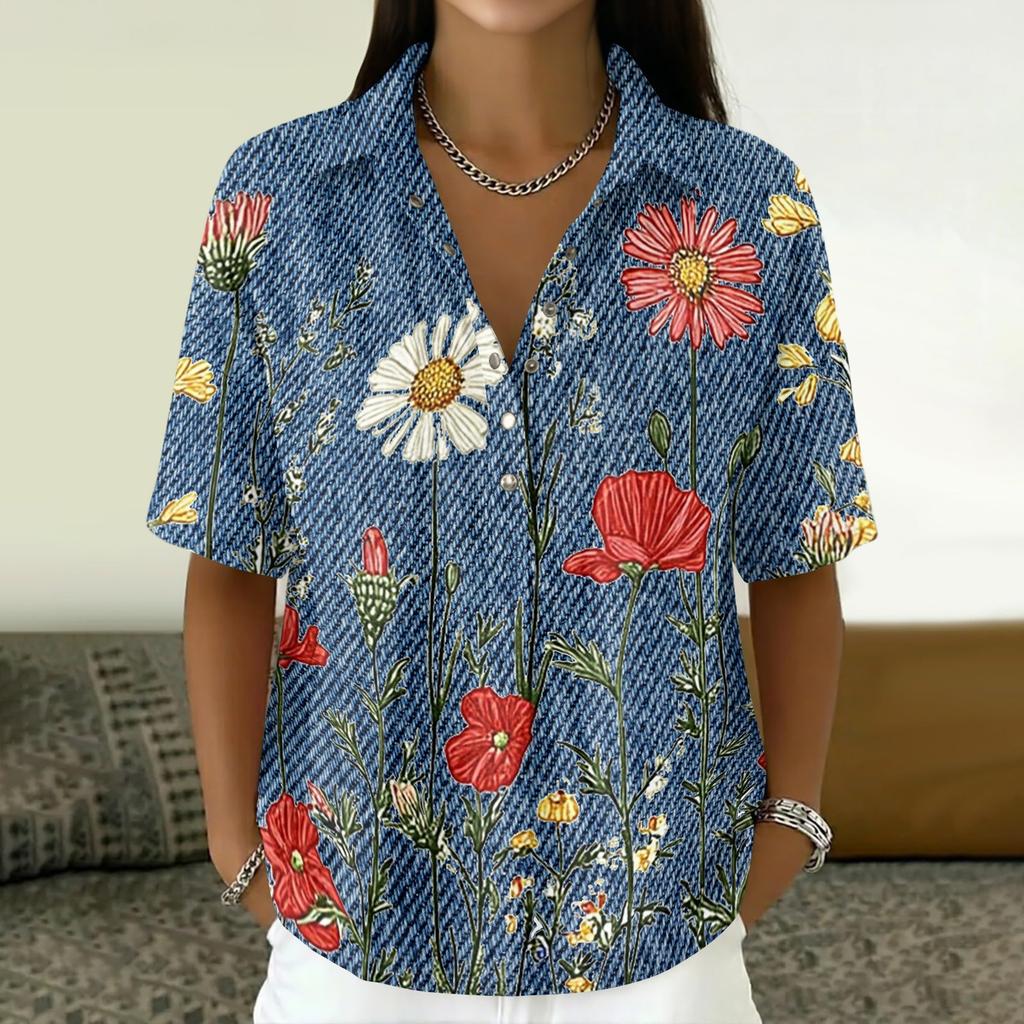 Women Vintage Floral Print Short Sleeve Shirt Loose Fit Button Down Collar Top Casual Linen Cotton Blend Blouse