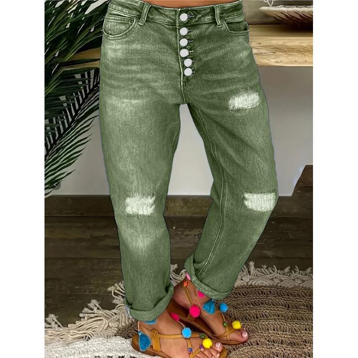 Women s Plus Size High Waist Multi-Button Stretch Ripped Jeans 5XL