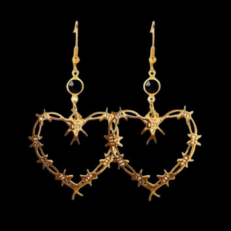 Gothic Barbed Rose Heart Metal Earrings