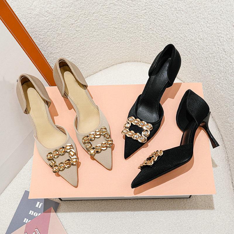 2025 New Leisure Rhinestone Square Buckle Baotou Extra Wide Hollow Sandals Pointed Head High Heel Single Shoes Women