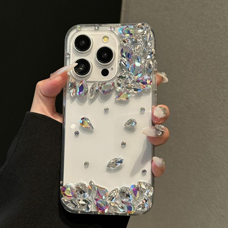 Diamond setting, water drop diamond is suitable for Apple 16promax mobile phone case, transparent iPhone15/17 anti-drop protective case.