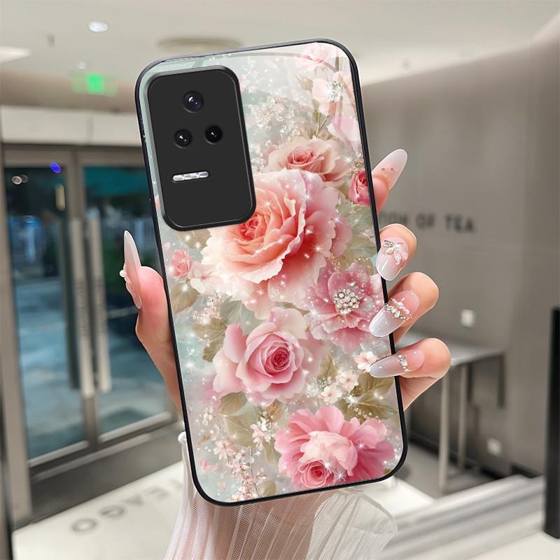Beautiful Flower Cute Cats Case For Xiaomi Poco F4 5G / Redmi K40S Tempered Glass Phone Case Protective Back Cover Hard Shell
