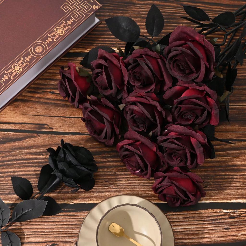5/10PCS 50CM Wine Red Black Rose Artificial Silk Flowers Halloween Party Dark Photo Decoration Prop Goth Rose Wedding Home Decor