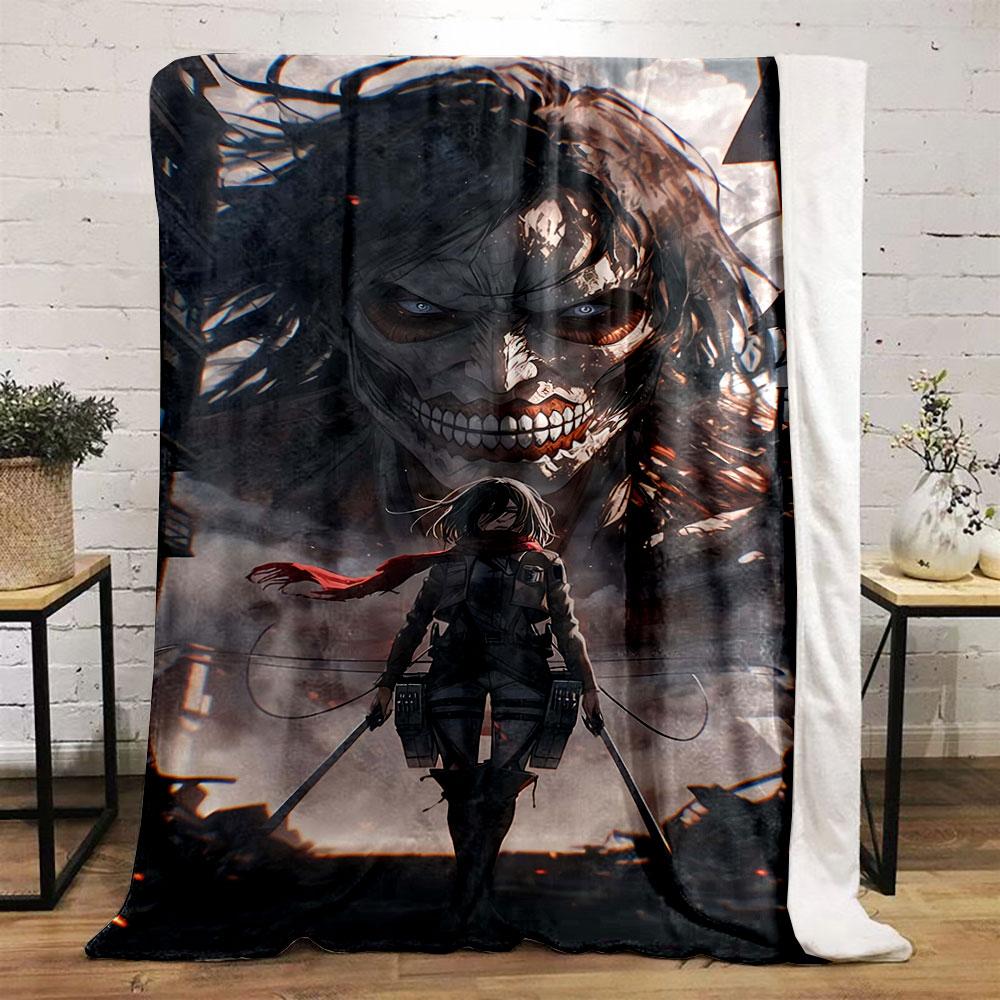A figure with swords stands in ruins, with a large monstrous figure behind. for all seasons blanket lunch break throw gift