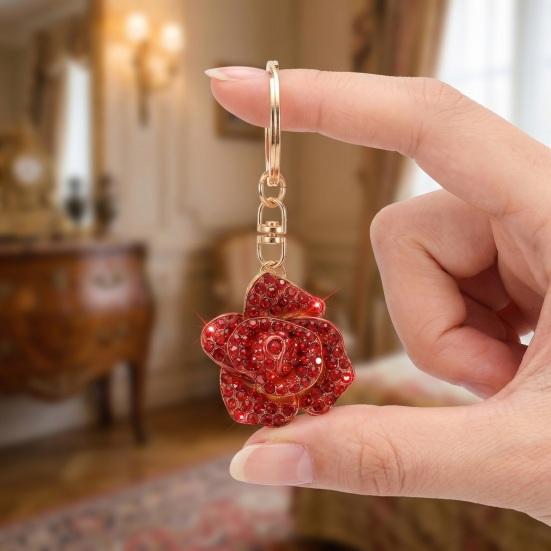 Keychain Pendant Sparkling Rhinestones Inlaid Red Rose Design Key Holder with Lobster Clasp Lightweight