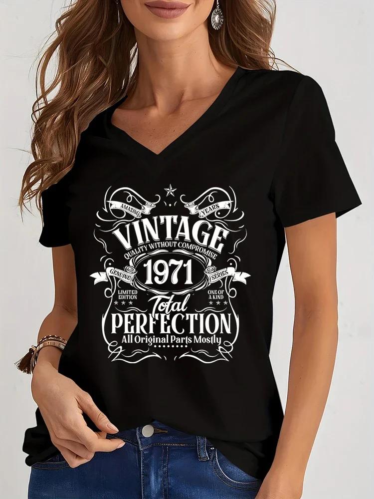 

Harajuku Fashion Vintage 1974 Total Perfection Print Black Tshirt Spring Short Sleeves Women Tee Casual Loose Years Style Shirts S