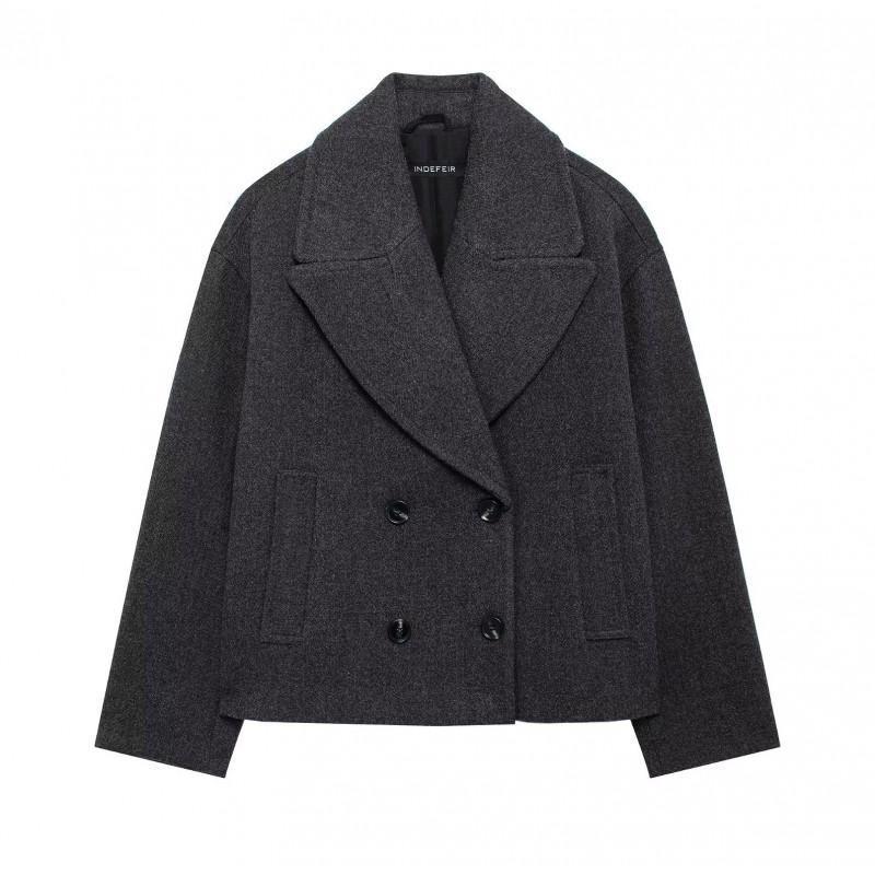 Womens Double-Breasted Wool-Blend Trench Coat With Notched Lapel Loose Fit Office Chic Outerwear In Khaki Black