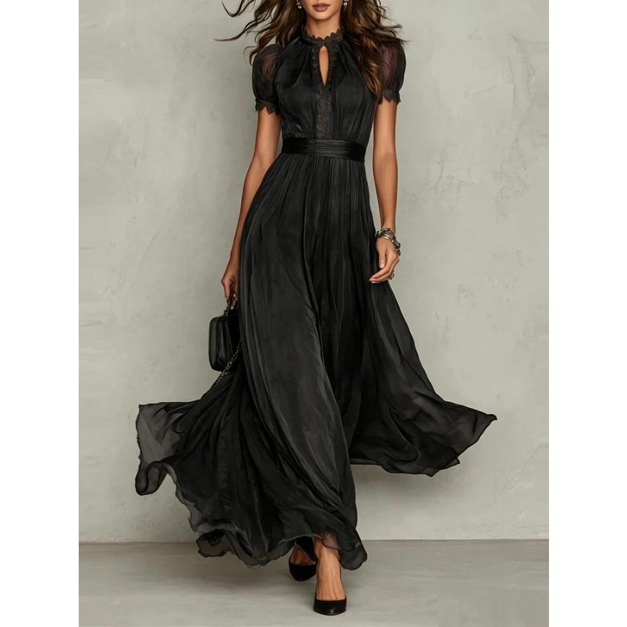 Vintage Vollspitze A-Linie Langes Kleid Damen O-Ausschnitt Hohe Taille Falten Partykleid Sommer Kurzarm Fließende Maxikleider