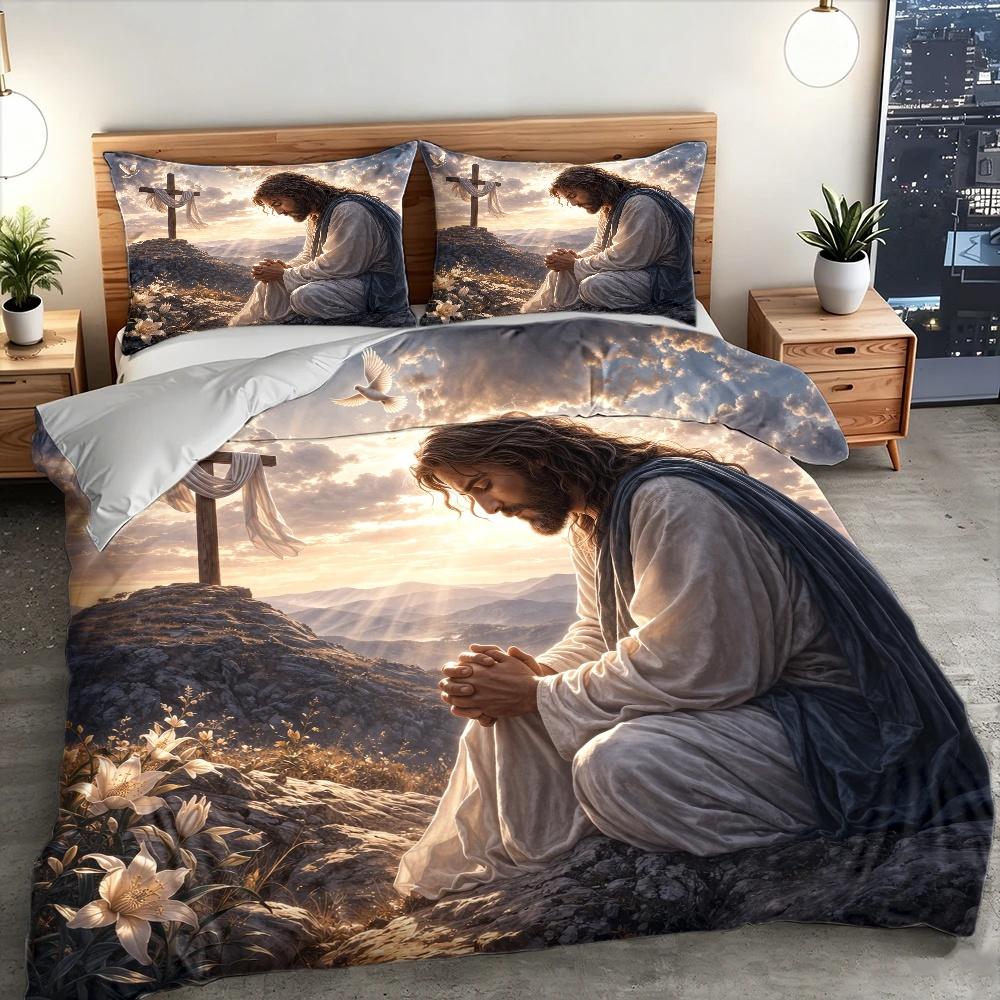Ensemble de housse de couette 3 pièces sur le thème de la prière de Jésus de style religieux, Ensemble de literie 3 pièces (1*Housse de couette + 2*Taies d'oreiller), Convient à Toutes les Mers 173Cmx218Cm