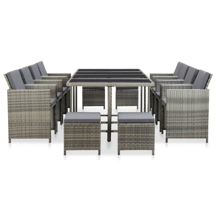 Mobilier de jardin - VIDAXL - Ensemble 13pcs - Résine tressée grise - 8 chaises - 20 coussins