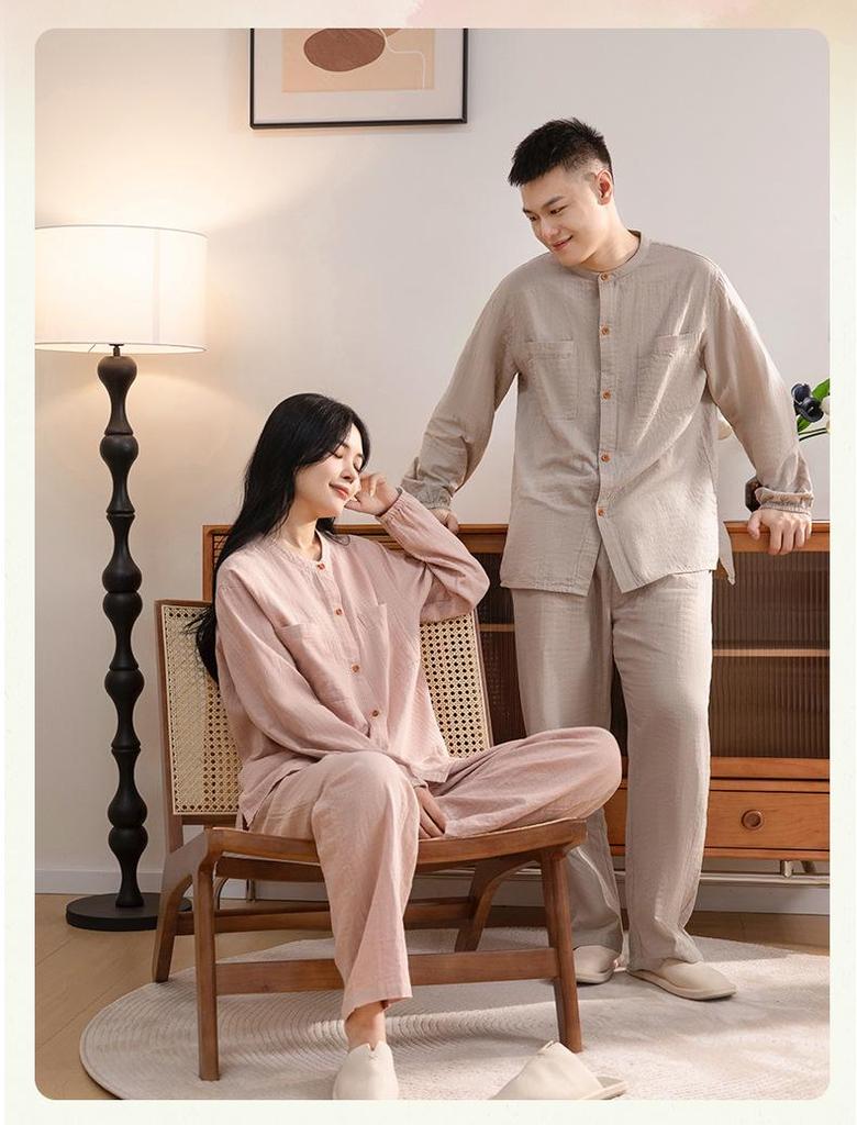 Women's Spring & Autumn Stand-Up Collar Cotton Gauze Pajama Set - Long-Sleeve Cardigan Couple Homewear
