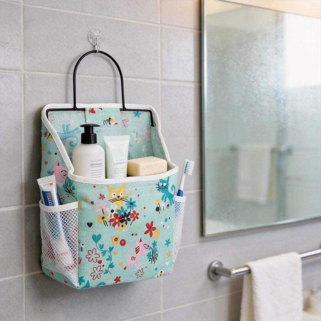 Wall Mount Iron Art Storage Bag With Cotton Linen Fabric For Dorm Room Organizing